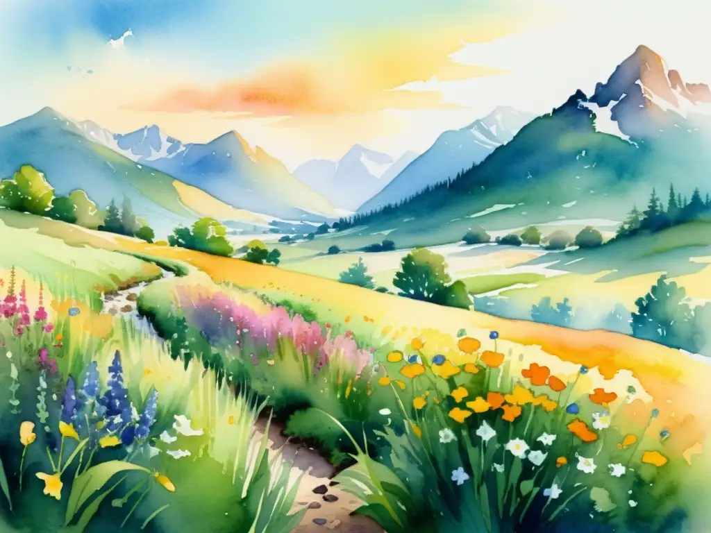 Una pintura acuarela serena de un exuberante paisaje campestre, lleno de vibrantes flores silvestres y suaves hierbas meciéndose