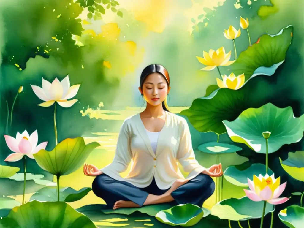 Una pintura acuarela serena de una figura meditando entre vibrantes flores de loto