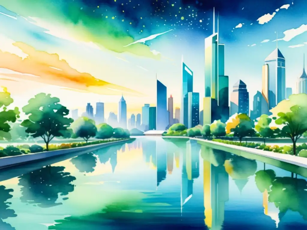 Una pintura acuarela serena de una futurista ciudad, con edificios metálicos reflectantes entre jardines verdes y agua brillante