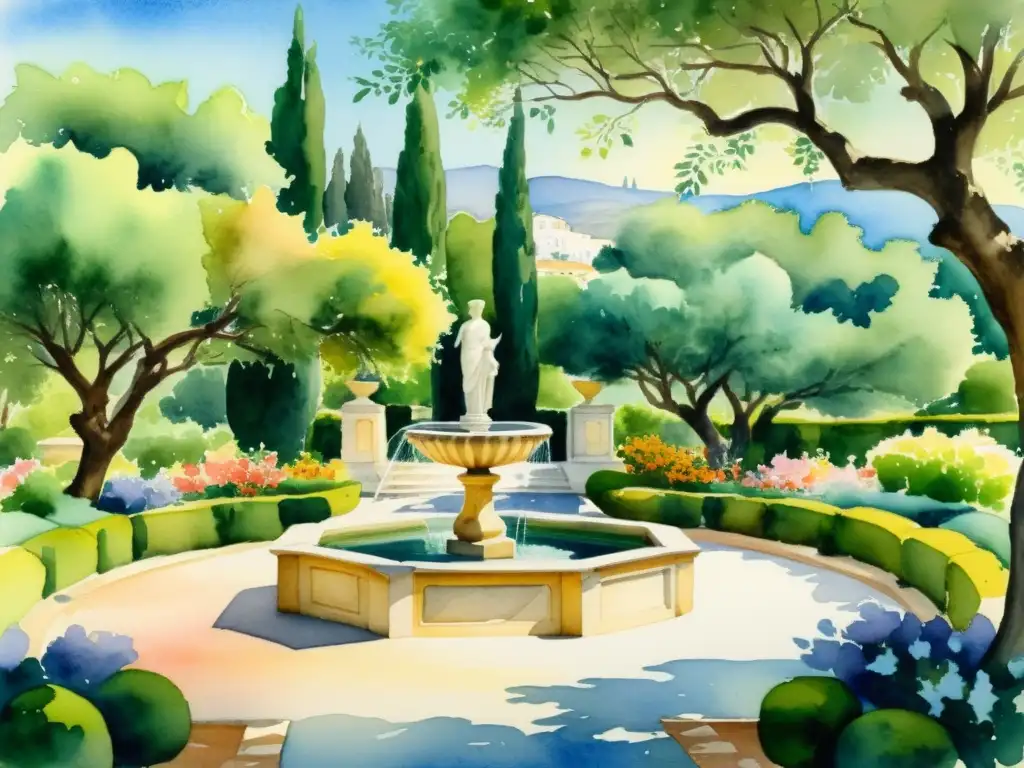 Una pintura acuarela serena de un hermoso jardín griego, evocando la poesía helenística explorada a fondo con flores, estatuas y una fuente de mármol