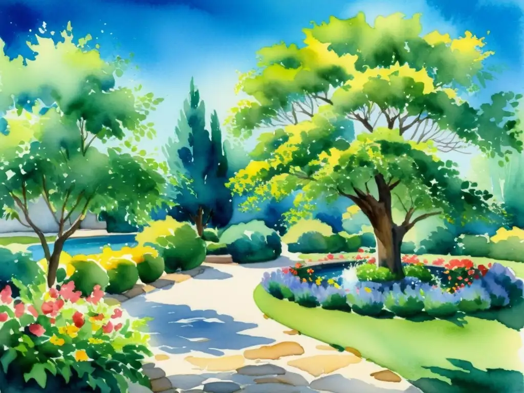 Una pintura acuarela serena de un jardín soleado, con flores vibrantes de todos los colores meciéndose suavemente