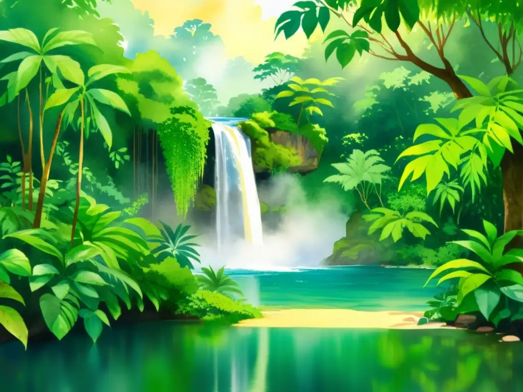 Una pintura acuarela de una serena jungla verde con cascada y aves