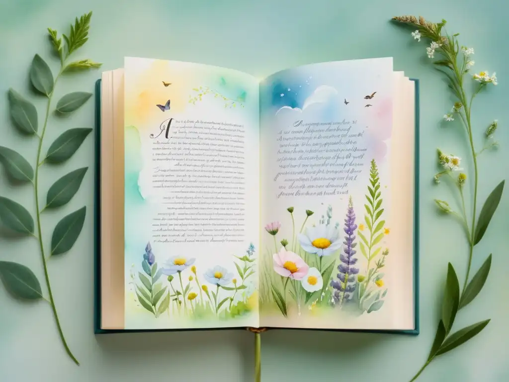 Una pintura acuarela serena de un libro rodeado de delicadas flores silvestres, perfecta para inspiración poética y citas