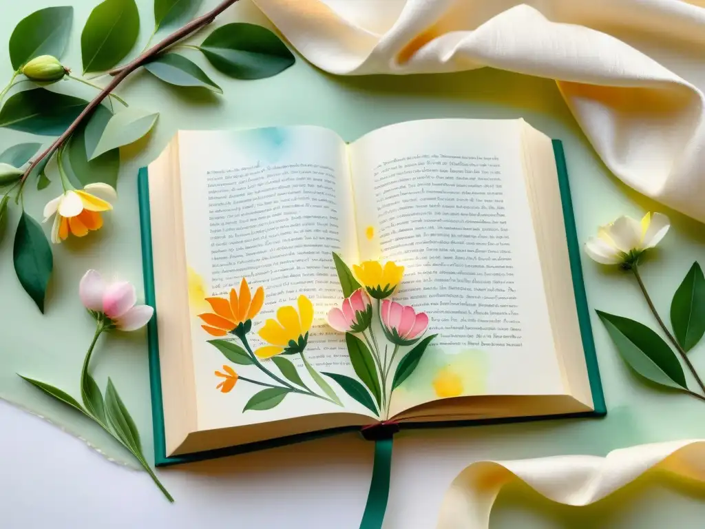 Una pintura acuarela serena de un libro abierto rodeado de delicadas flores, con páginas ondeando suavemente en una brisa