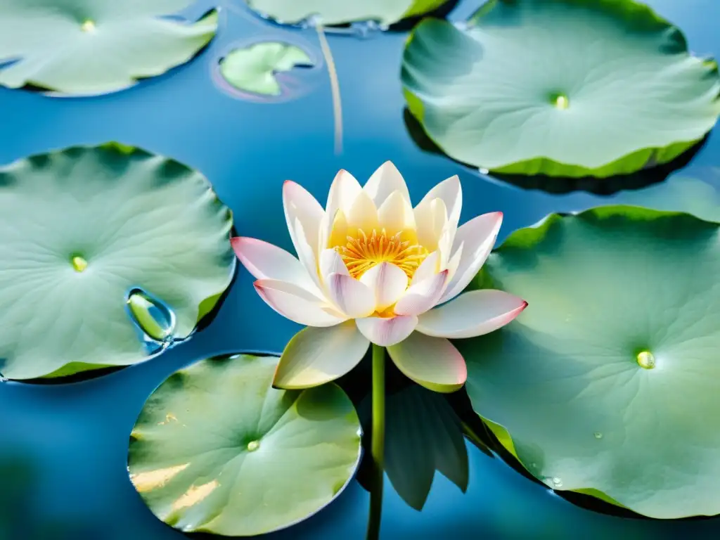 Una pintura acuarela serena de un loto floreciendo en un estanque, rodeado de hojas verdes exuberantes y suaves ondas de agua