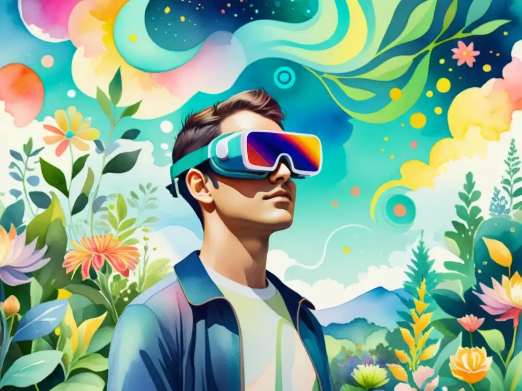 Una pintura acuarela serena y onírica de una persona usando gafas de realidad aumentada, rodeada de elementos digitales abstractos y naturaleza exuberante