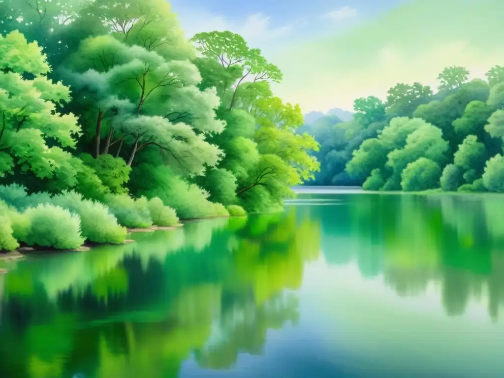 Una pintura acuarela de una serena orilla de río con exuberante vegetación reflejada en el agua tranquila