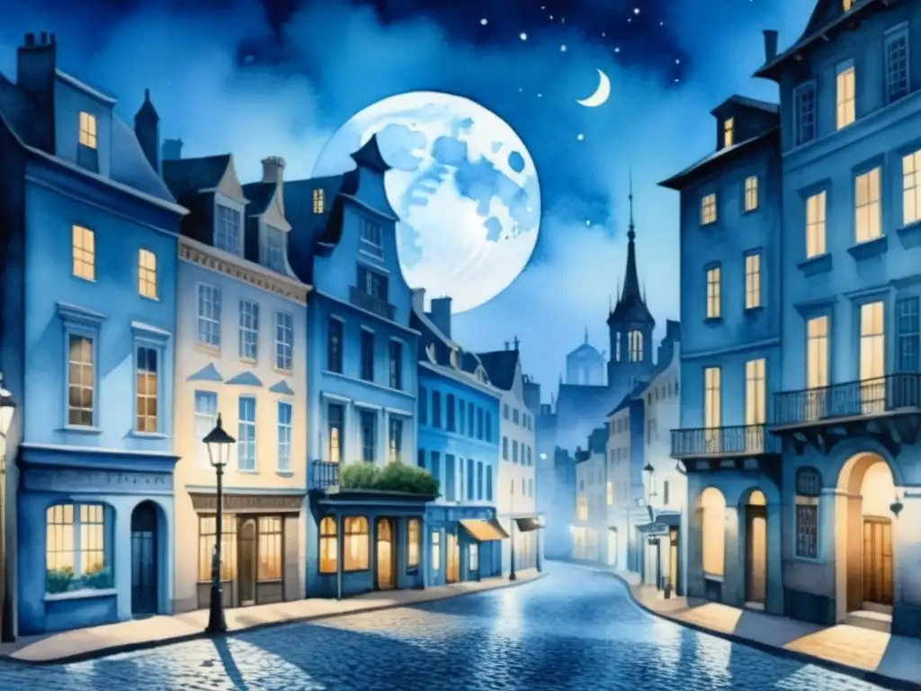 Una pintura acuarela serena de un paisaje urbano iluminado por la luna, con calles empedradas neblinosas y edificios altos