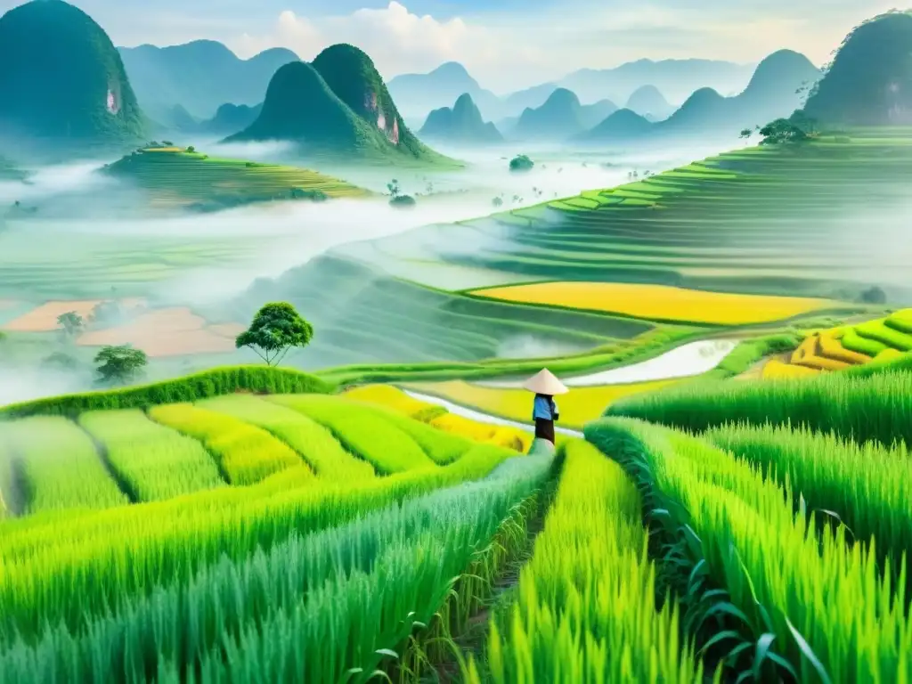 Una pintura acuarela serena de un paisaje tradicional del campo vietnamita, con arrozales verdes y montañas neblinosas