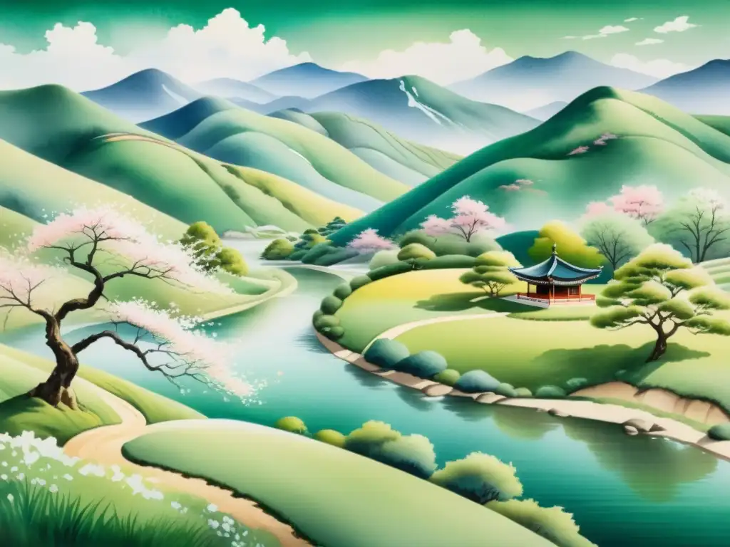 Una pintura acuarela serena de un paisaje tradicional coreano con colinas verdes, árboles de cerezo en plena floración y un río tranquilo