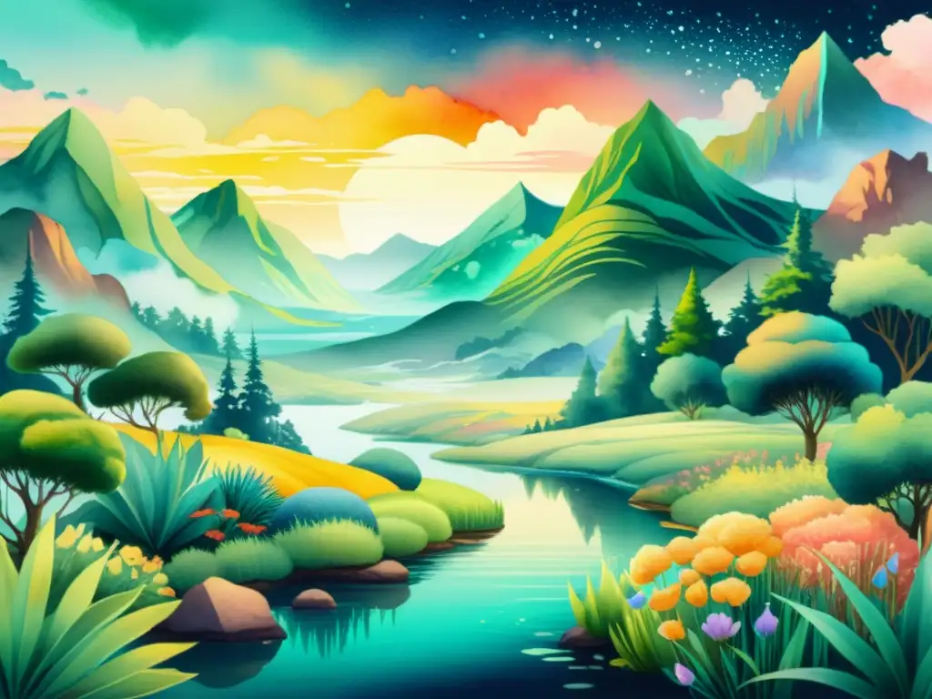 Una pintura acuarela serena que retrata un paisaje digital con flora y fauna vibrante y de otro mundo