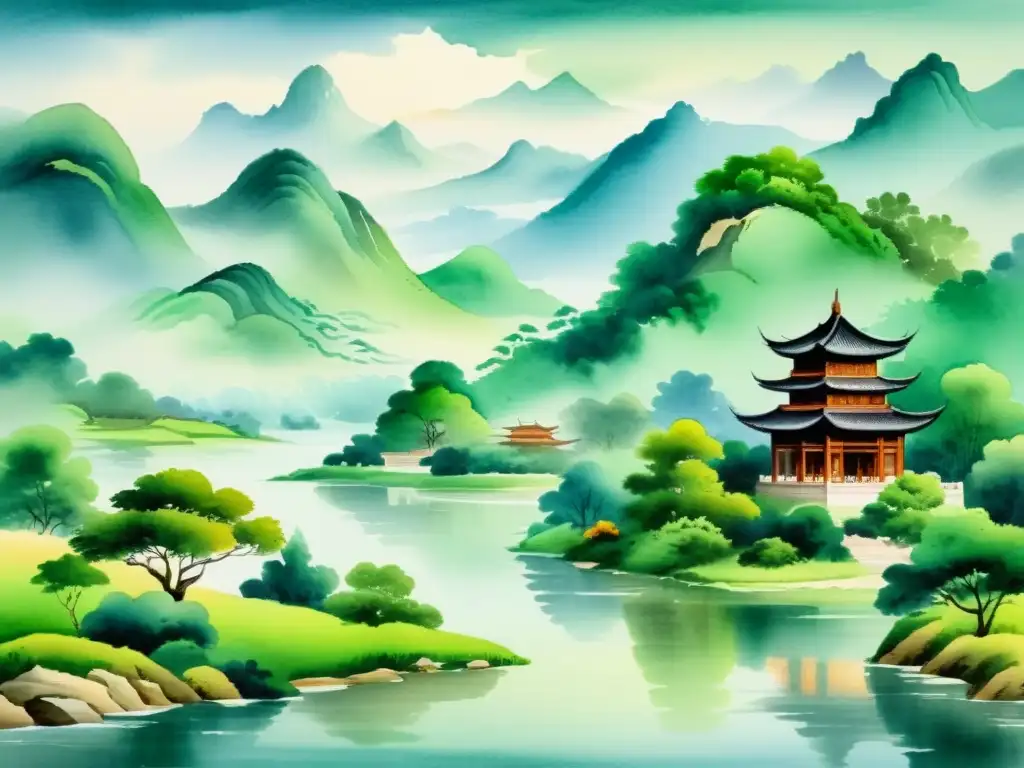 Una pintura acuarela serena de un paisaje tradicional de la dinastía Tang, con montañas cubiertas de niebla, un río tranquilo y una pequeña pagoda entre exuberante vegetación