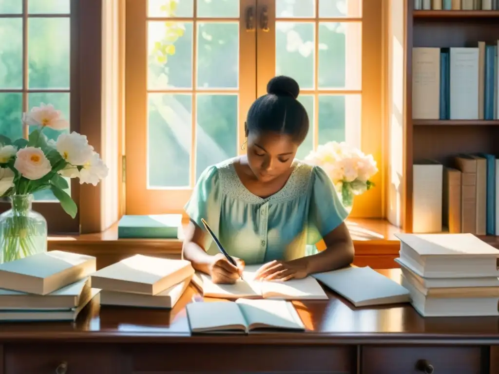 Una pintura acuarela serena de una persona escribiendo poesía en un escritorio, rodeada de libros y papeles, con luz solar y patrones florales