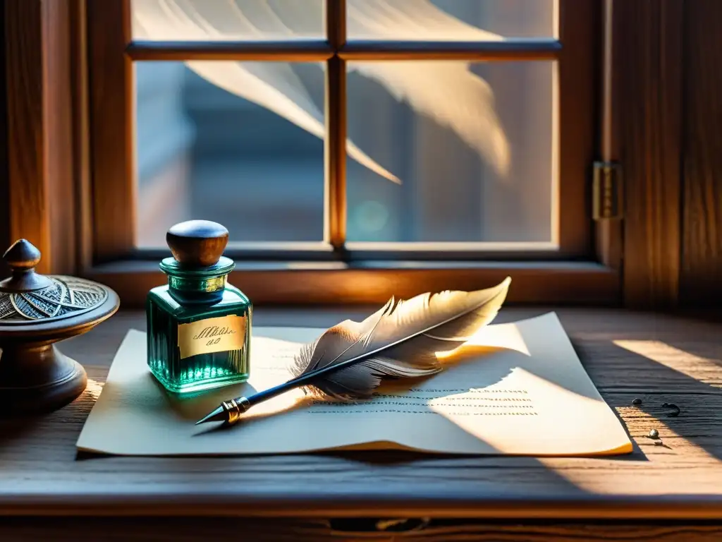 Una pintura acuarela serena de una pluma tradicional y un tintero ornamentado sobre un escritorio de madera envejecida