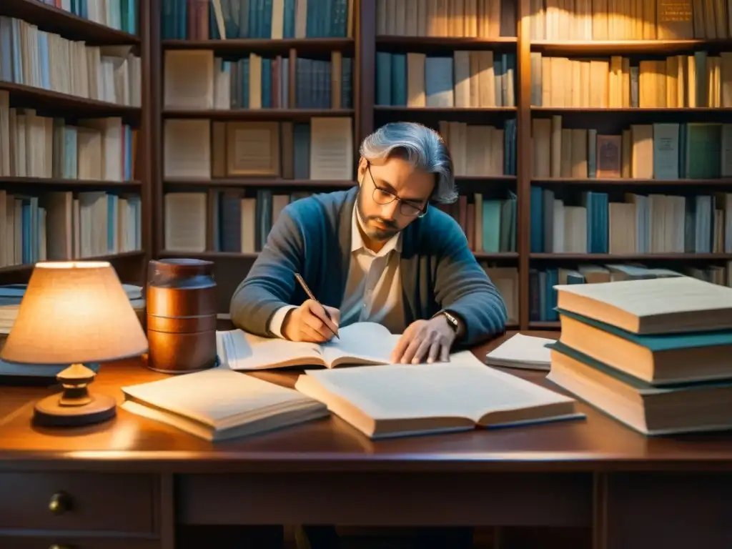 Una pintura acuarela serena de un poeta escribiendo versos en un acogedor y reflexivo ambiente, rodeado de libros y papeles