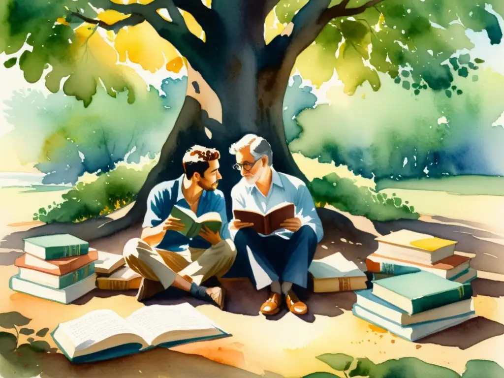 Una pintura acuarela serena de poetas de diferentes países conversando bajo un árbol, rodeados de libros