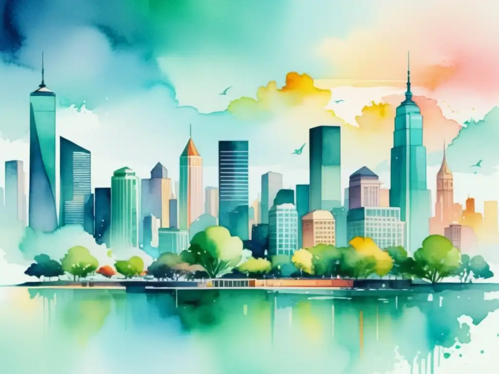 Una pintura acuarela serena que fusiona realidad aumentada con poesía a través de las épocas en una ciudad moderna y etérea