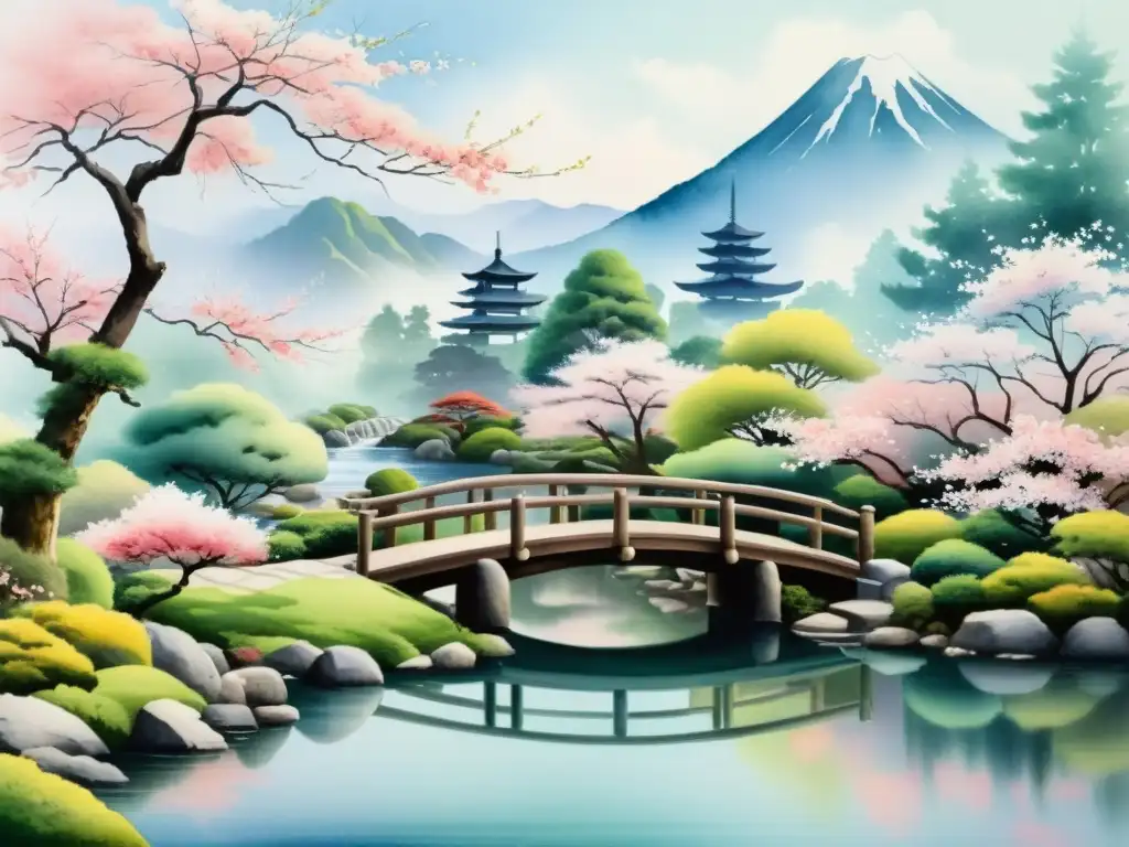 Una pintura acuarela serena de un jardín japonés tradicional con puente sobre estanque, cerezos en flor y montañas brumosas