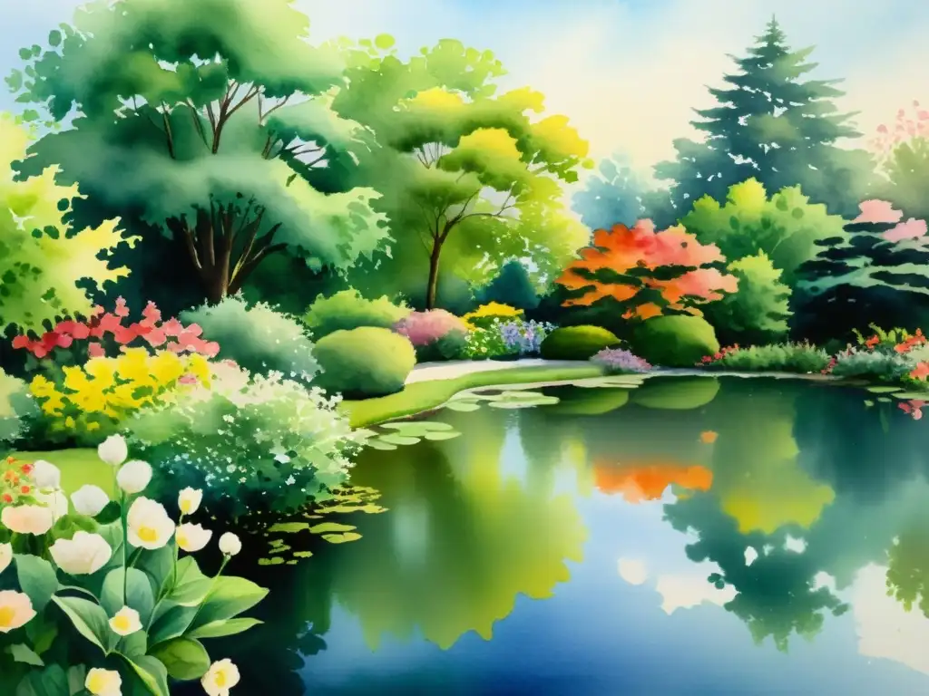Jardín sereno: pintura acuarela de paz y contemplación Una pintura acuarela serena de un jardín tranquilo con un estanque, reflejando los colores vibrantes de las flores y árboles
