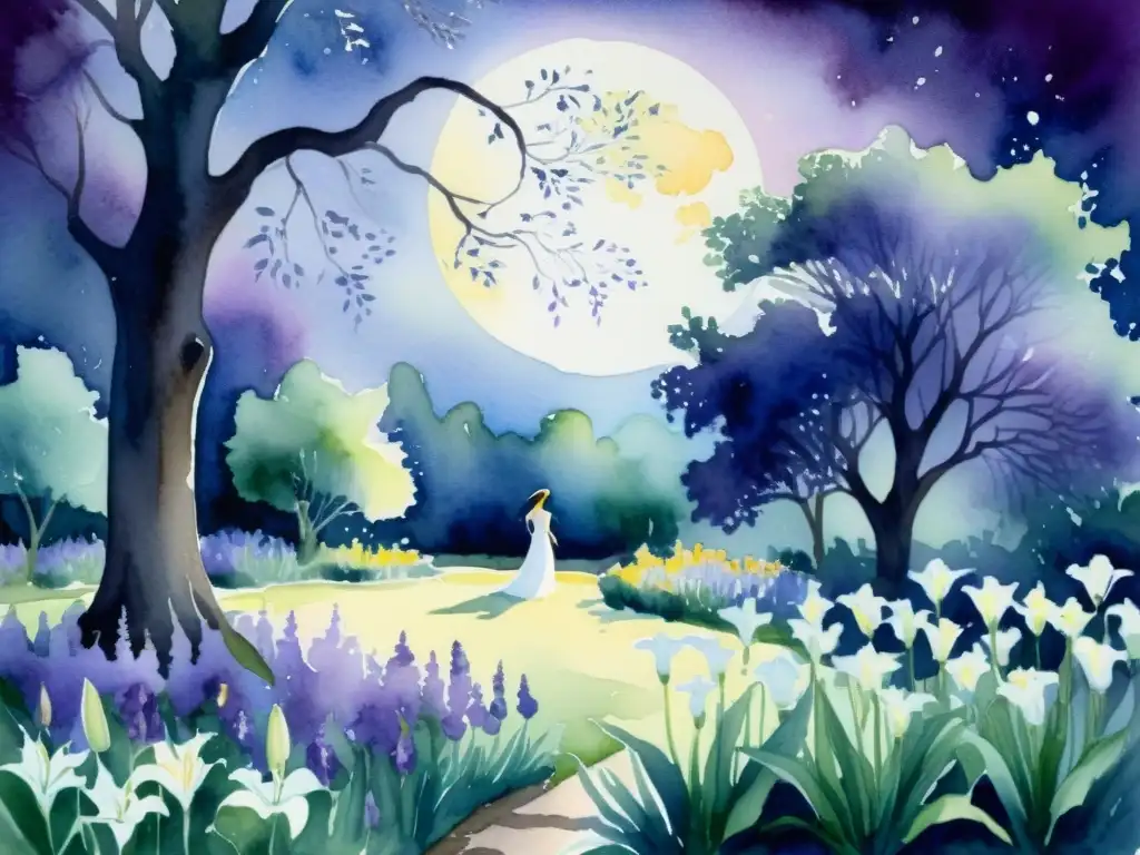 Una pintura al acuarela de un jardín sereno y bañado por la luz de la luna, con lirios blancos y lirios morados