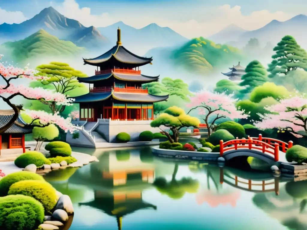 Una pintura acuarela de un sereno jardín chino con cerezos en flor, una pagoda tradicional y un estanque tranquilo reflejando los colores vibrantes de la flora circundante