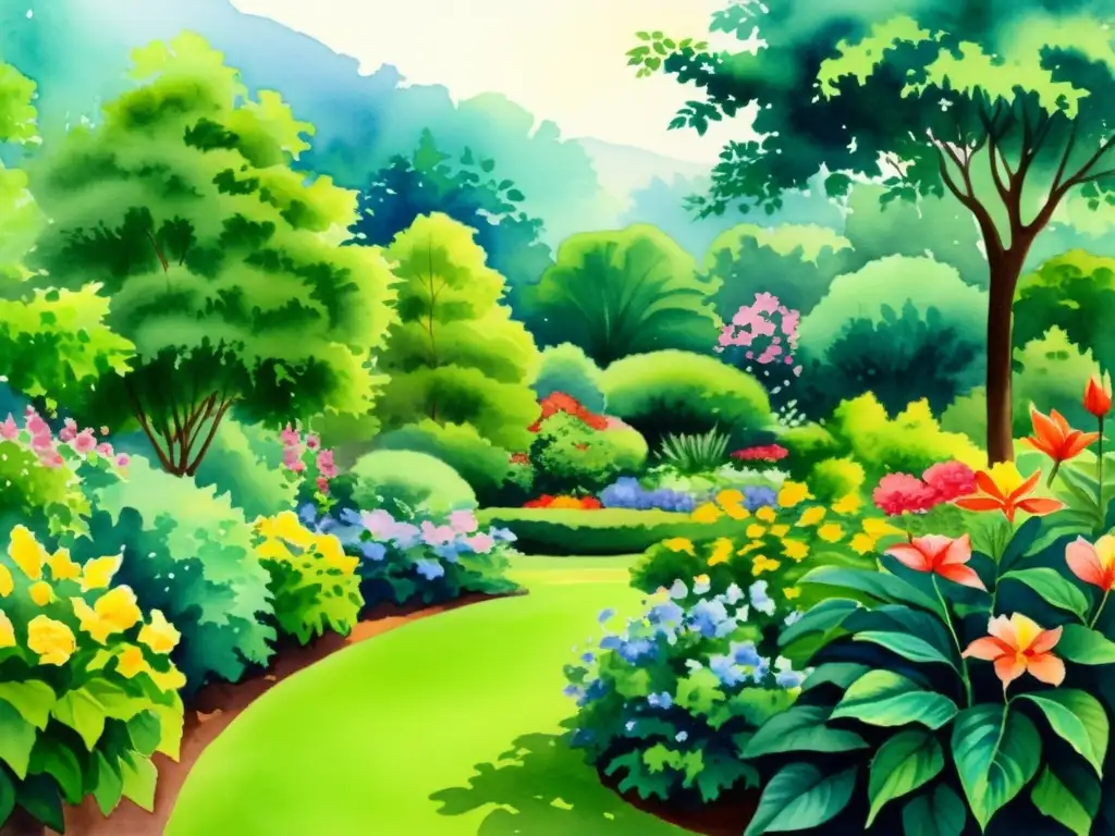 Una pintura acuarela de un jardín sereno con flores vibrantes en un taller de poesía sensorial