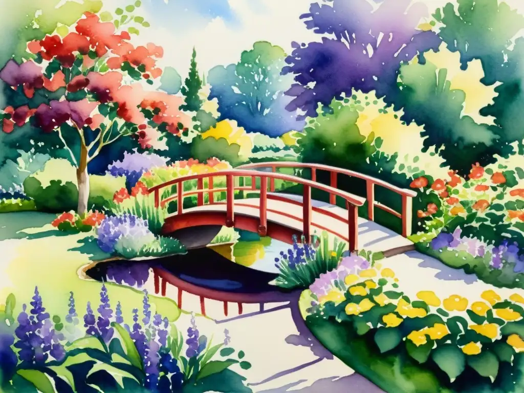 Una pintura acuarela muestra un jardín sereno con flores vibrantes en tonos rojos, morados y dorados