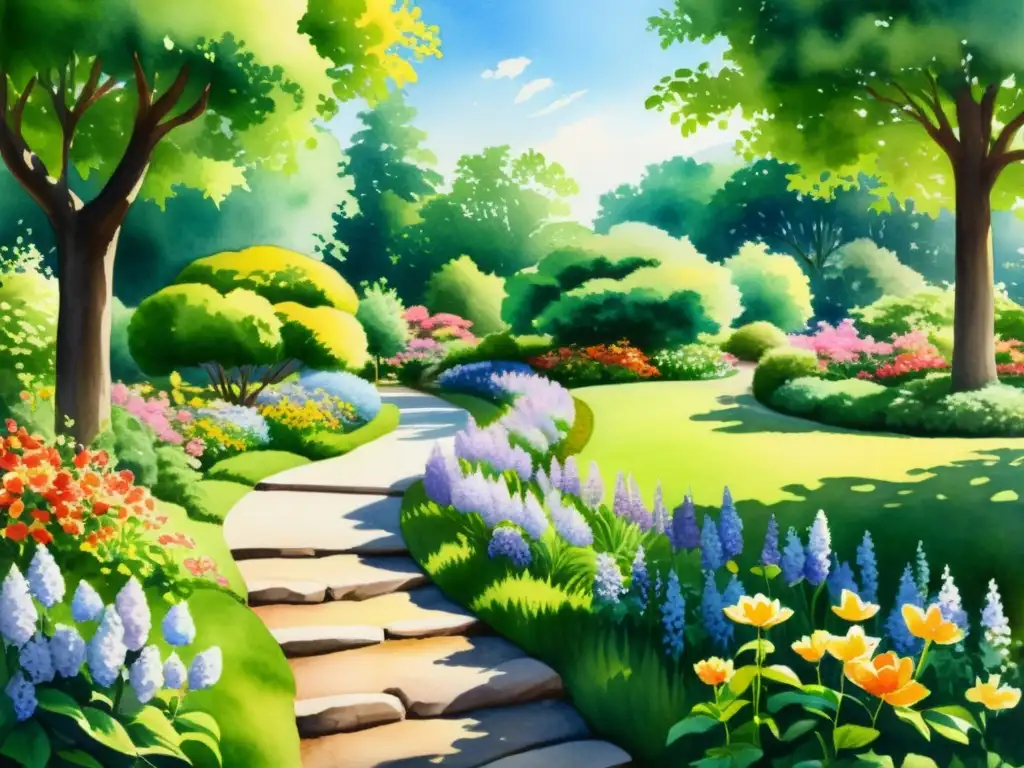 Una pintura acuarela de un jardín sereno y vibrante con flores en flor a lo largo de un camino de piedra sinuoso
