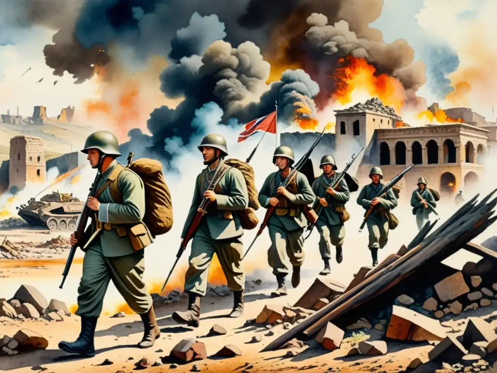 Pintura de acuarela que muestra soldados marchando en un paisaje de guerra con ruinas y humo