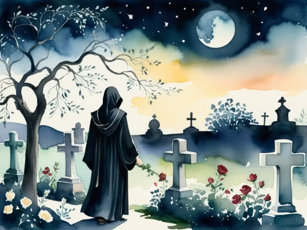 Una pintura en acuarela de un solitario en un cementerio bajo la luna, rodeado de enredaderas y flores marchitas