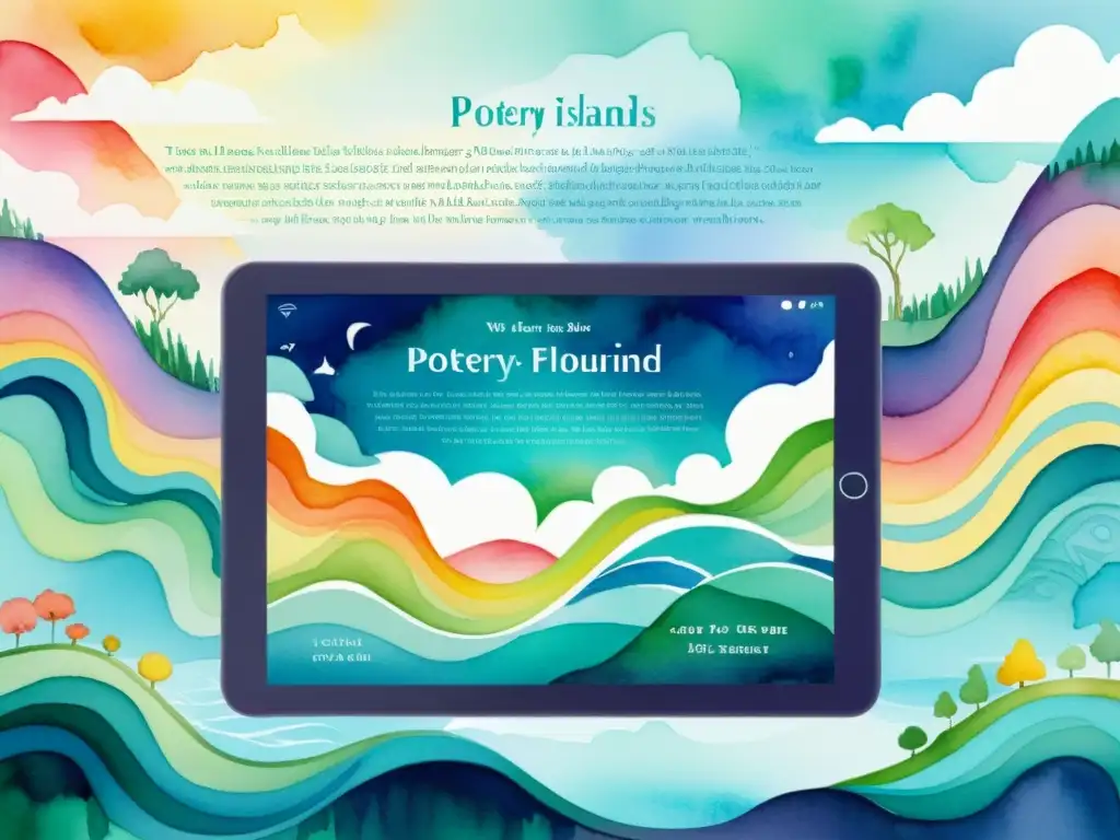 Poemas interactivos: un mundo de colores y formas Una pintura acuarela de una tablet muestra una plataforma de poesía expandida con colores vibrantes y paisajes etéreos