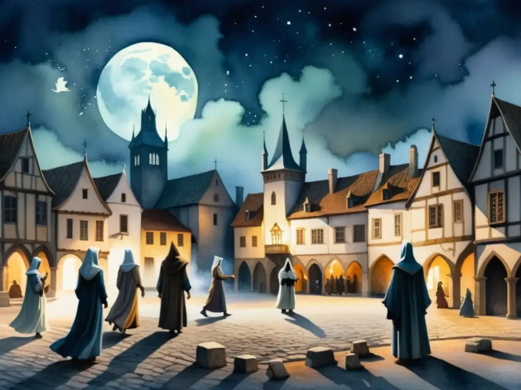 Una pintura acuarela tenebrosa de una plaza medieval con un cielo iluminado por la luna