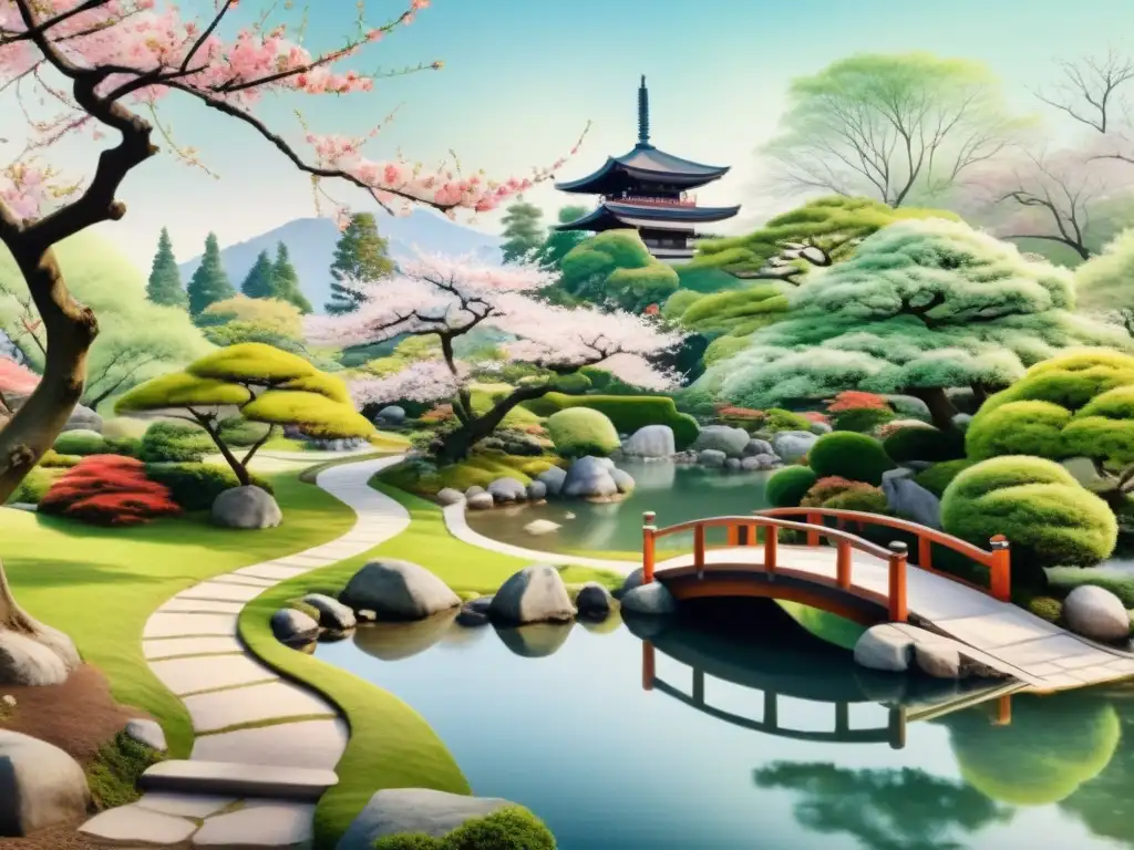 Una pintura en acuarela de un jardín japonés tradicional con cerezos en flor reflejados en un sereno estanque, evocando la magia del haiku en poesía