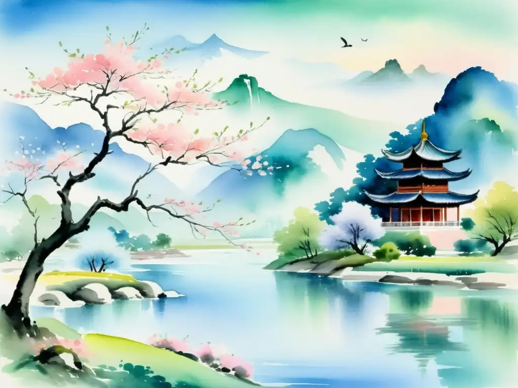 Una pintura acuarela tranquila de un paisaje chino tradicional con río, montañas, pagoda y árboles de cerezo