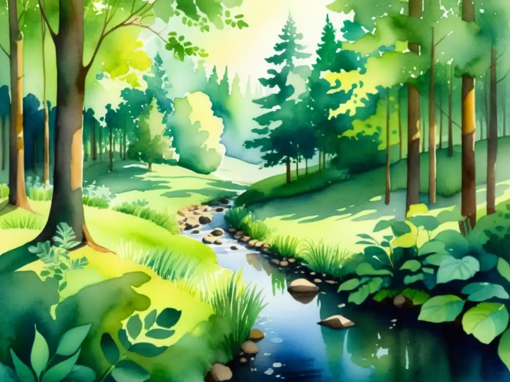 Una pintura acuarela tranquila y soñadora de un sereno bosque, con luz solar filtrándose entre las hojas y creando sombras moteadas en el suelo