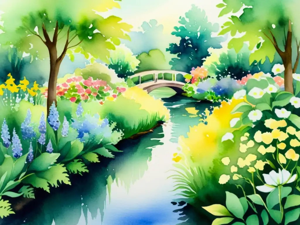 Una pintura acuarela de un jardín tranquilo, con flores vibrantes en plena floración, un suave arroyo y una cálida luz que ilumina el entorno