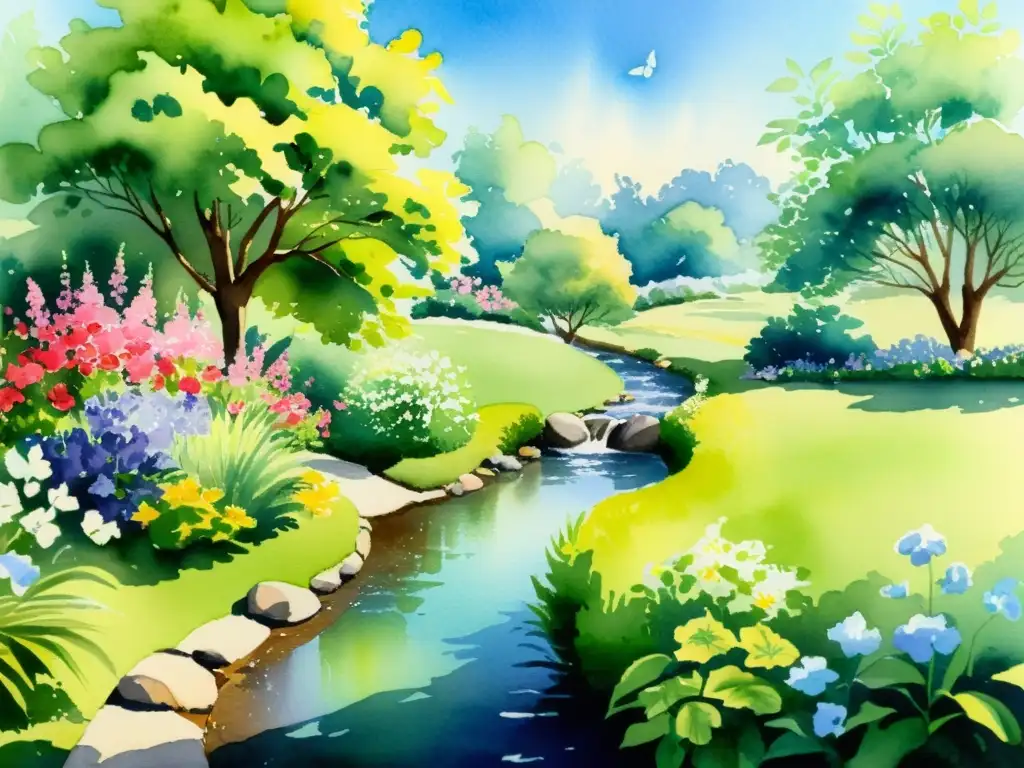 Una pintura acuarela de un jardín tranquilo con flores vibrantes, un arroyo y mariposas