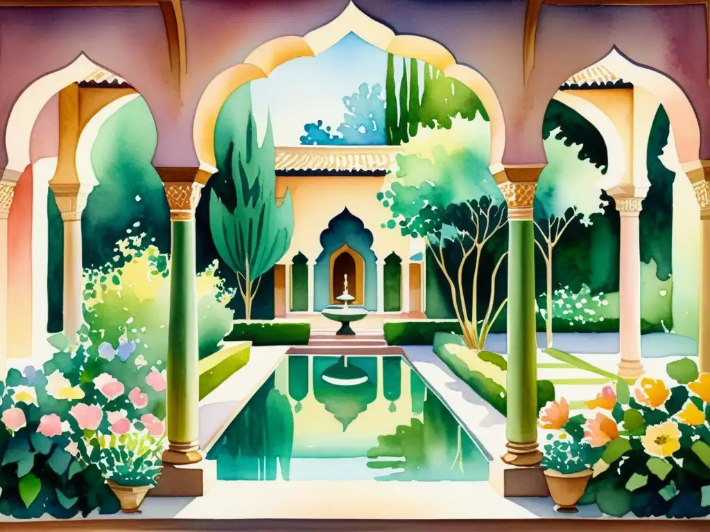 Una pintura acuarela de un tranquilo jardín persa, inspirado en El Rubaiyat Omar Khayyam, con flores vibrantes y exuberante vegetación