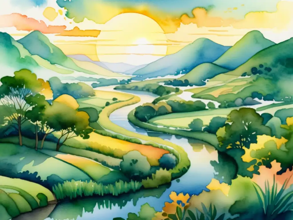 Una pintura acuarela de alta resolución y ultra detallada de un paisaje sereno y otro mundo, con un río tranquilo que serpentea entre exuberante vegetación colorida