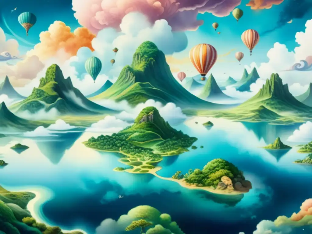 Una pintura acuarela ultradetallada de un paisaje onírico, con islas flotantes, nubes giratorias y criaturas etéreas