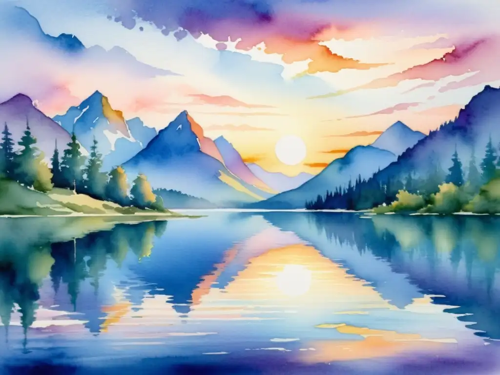 Una pintura acuarela de un vibrante atardecer sobre un sereno lago, reflejando el cielo y montañas