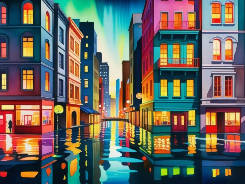 Una pintura en acuarela vibrante que representa un caótico paisaje urbano con edificios fragmentados, reflejos distorsionados en el agua y una mezcla de arquitectura moderna e histórica