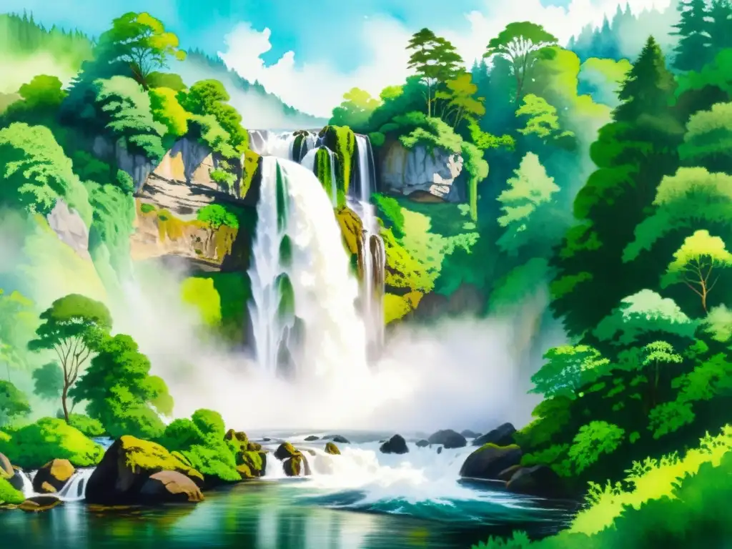 Una pintura acuarela vibrante y etérea de una serena cascada rodeada de exuberante vegetación, capturando la belleza natural