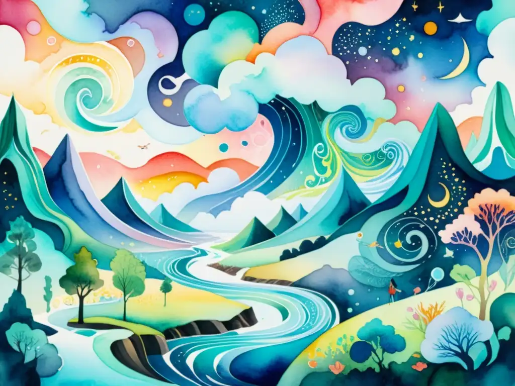 Fantástico paisaje surrealista en acuarela Una pintura acuarela vibrante que evoca la exploración de la poesía experimental con un sentido de maravilla y curiosidad