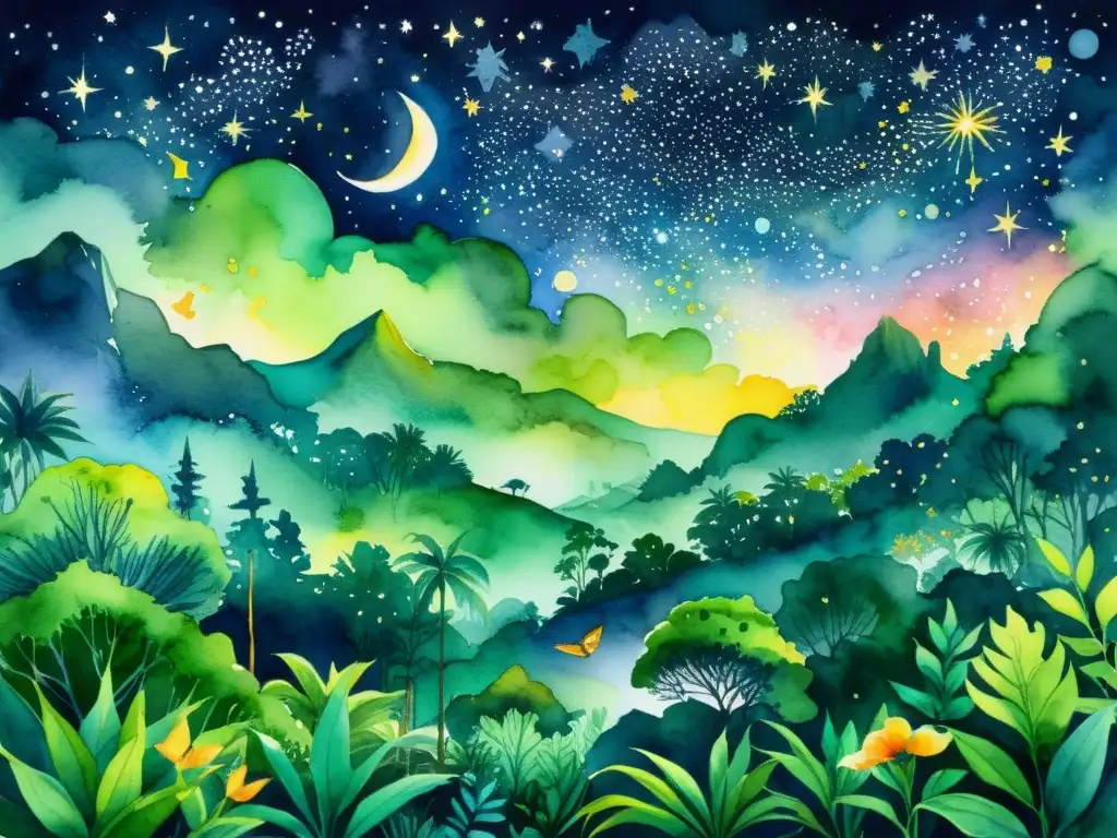 Una pintura acuarela vibrante que representa una exuberante escena de jungla bajo un cielo estrellado