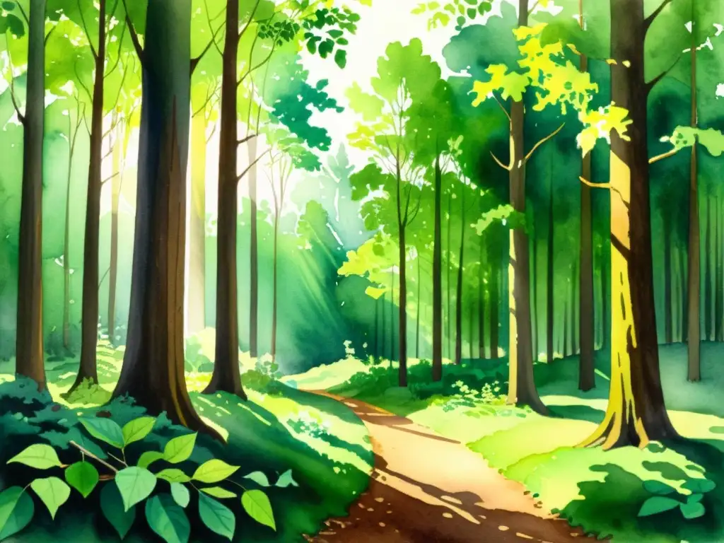 Una pintura en acuarela vibrante de un exuberante bosque verde con luz solar filtrándose entre las hojas, creando sombras moteadas en el suelo