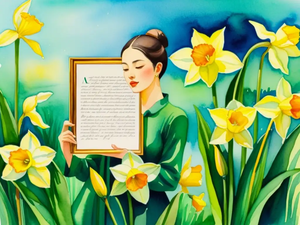 Una pintura acuarela vibrante muestra una figura junto a un espejo rodeada de narcisos, escribiendo poesía