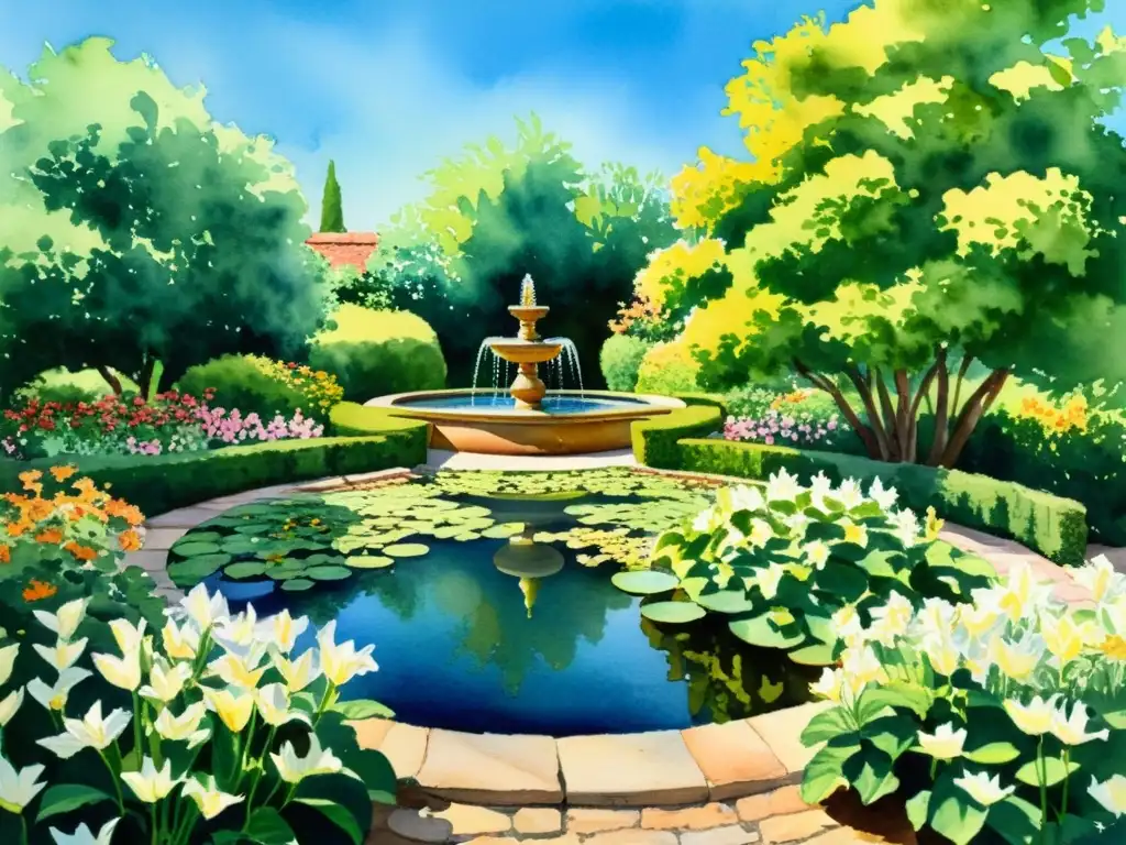 Una pintura acuarela de un jardín vibrante, con flores de todos colores, cielo azul y un ambiente sereno