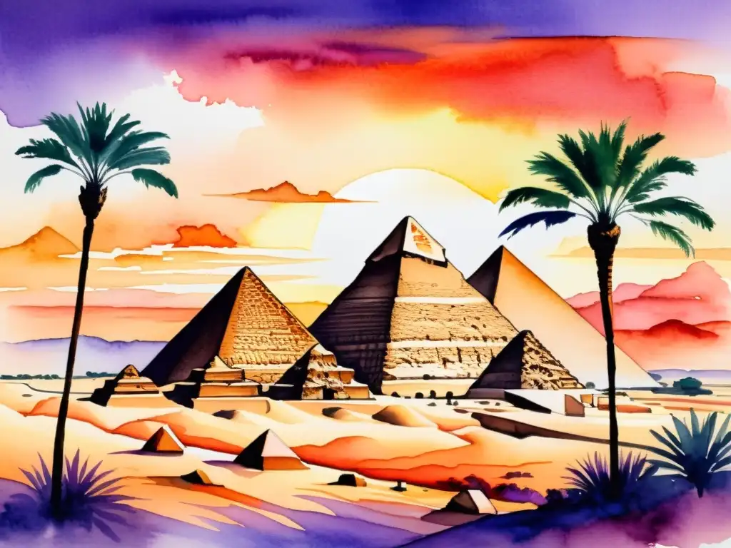 Una pintura acuarela vibrante que representa las icónicas pirámides de Giza en un atardecer egipcio