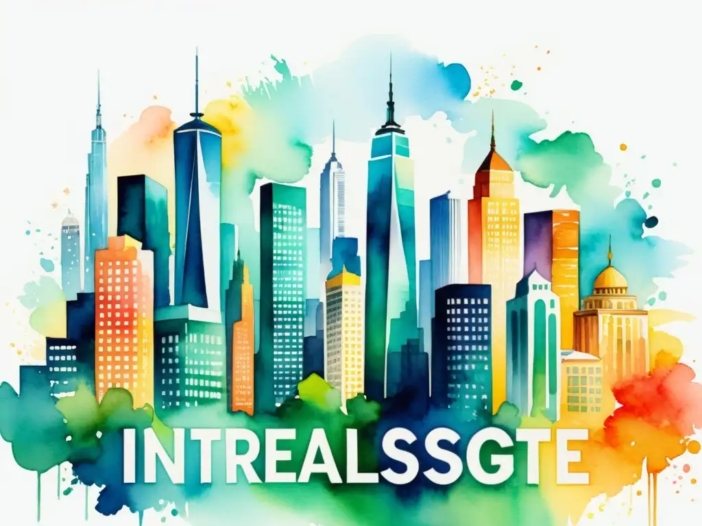 Una pintura acuarela de alta resolución de un vibrante paisaje urbano con rascacielos imponentes, donde palabras y frases en varios idiomas se entrelazan con la arquitectura, creando una representación visual de la integración perfecta de imágenes y palabras en la era digital